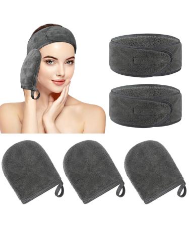 KinHwa Reusable Makeup Remover Glove Microfibre Facial Mitts Set and Makeup Headband Gentle for Face Eyes Suit All Skin Dark-grey Dark-grey 3mitts+2headbands dark-grey