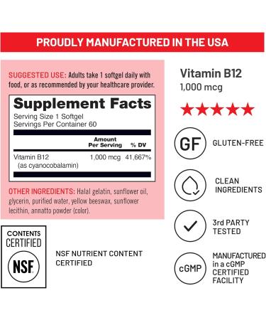 NatureWise Vitamin B12 1000 mcg - Dietary Supplement for Supporting Energy Metabolism Mental Clarity Nervous System Health - Easy-to-Swallow Soy & Gluten-Free Non-GMO - 60 Softgels 60-Day Supply Vitamin Unflavored 60 C  - Buy Online on GoSupps.com