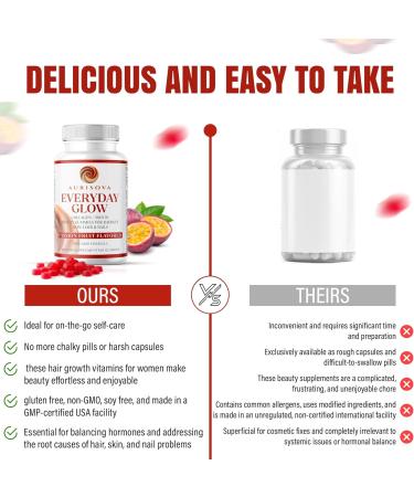 Aurisova Everyday Glow Biotin 6000mcg & Marine Collagen Gummies | Advanced Dietary Supplement for Hair Skin and Nails Vitamins with B-Complex Zinc Vitamin C & E | Passion Fruit Non-GMO 60ct - Buy Online on GoSupps.com