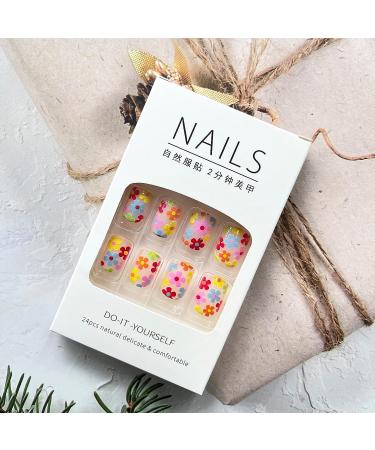 24Pcs Colorful Flower Square Press on Nails - Cute Floral Designs, Reusable Artificial Nails - Style 10 - Buy Online on GoSupps.com