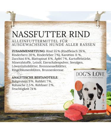 DOG'S LOVE Super Premium Wet Food | Adult Beef | Complete Menu Rich and Healthy | Food Grade Dog Food All Raw Materials | 100% Grain Free (6 x 800 g) - Buy Online on GoSupps.com