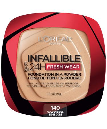 L'Oreal Paris Makeup Infallible Fresh Wear Foundation in a Powder, Up to 24H Wear, Waterproof, Golden Beige, 0.31 oz. Golden Beige 0.31 Ounce (Pack of 1)
