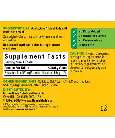 Nature Made Potassium Gluconate 550 mg | 100 Tablets - Heart & Muscle Support - Buy Online on GoSupps.com
