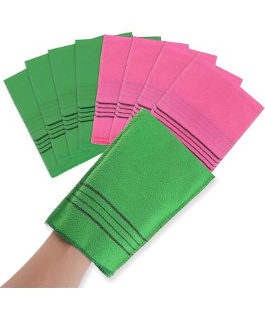 Exfoliating Gloves Set 8 pieces of peeling glove for effective body peelings and skin cleaning washable and suitable for all skin types spa and shower accessories for smooth and healthy skin (green pink)