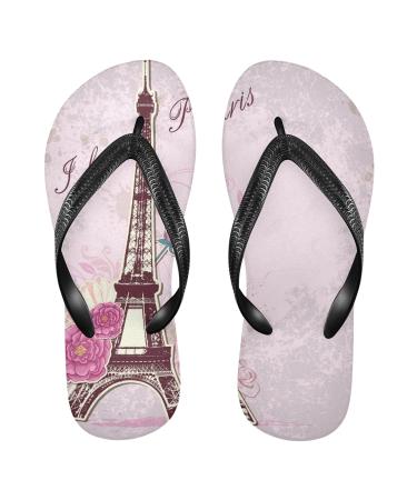 Mnsruu pink rose floral eiffel tower paris flip flops flip sandals home slippers hotel spa bedroom travel m for men women Large multicolored