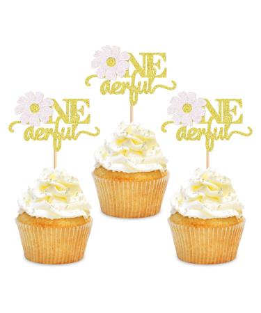 Ercadio 24 Pack Daisy Onederful Cupcake Toppers Daisy Onederful Cupcake Picks Daisy Flower 1st Cupcake Toppers for Chrysanthemum Theme Birthday Baby Shower Party Cake Decor Supplies Pattern 6