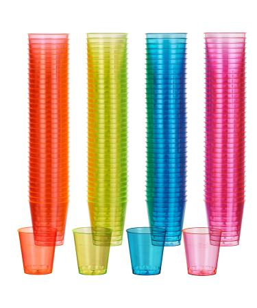MATANA 150 Neon Plastic Shot Glasses (1oz), Party Shot Cups for Wine Tasting, Condiments, Sauce, Jello Shots & More - Sturdy & Reusable