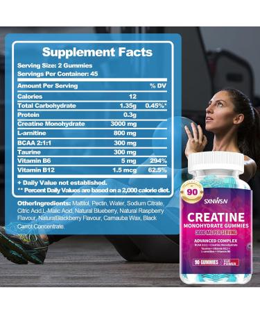 Creatine Monohydrate Gummies Advanced Complex with BCAA L-Carnitine Taurine B Vitamins 3000mg per Serving 90 Count Blueberry Flavored - Buy Online on GoSupps.com