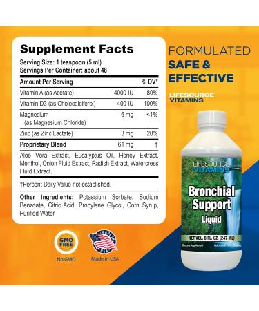 Lifesource Vitamins Bronchial Support Liquid - 11 Natural Ingredients for Immune Throat & Lung Health - 8 oz 45 Servings - International Shipping Available - Buy Online on GoSupps.com