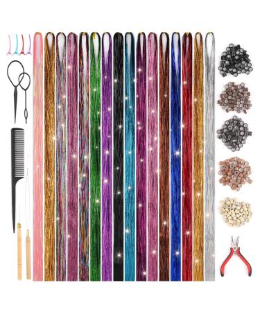 16 Colors 3600 Strands Hair Tinsel Kit Hair Tinsel Colorful Hairpieces Feathers Colored Hair Extensions Kits Hair Braiding Kit for Girls Hair Tinsel Kit with Tools Tinsel Hair Girls Party