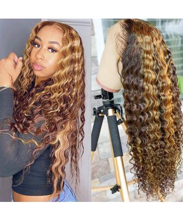 MISSJAY 24 Inch Ombre Highlight 13x4 HD Transparent Lace Front Wigs Human Hair Honey Blonde 4/27 Deep Wave Human Hair Wigs for Black Women Curly Wigs Pre Plucked with Baby Hair 180 Density 13x4 Highlight 4/27 24 Inch
