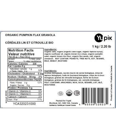 Yupik Organic Pumpkin Flax Granola Cereal with Oats Flax & Pumpkin Seeds Non-GMO Vegan Gluten-Free 1 Kg - Buy Online on GoSupps.com
