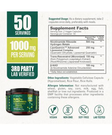 biophix NAD+ Liposomal Supplement for Women & Men - 1000 mg per Serving - Nicotinamide Riboside Micronized Resveratrol & Quercetin Complex - 100 Veg Capsules - Non-GMO Gluten-Free cGMP Certified - Buy Online on GoSupps.com