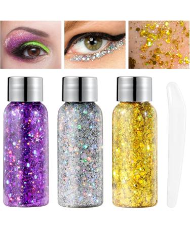 URAQT Body Glitter Gel 3Pcs - Holographic Mermaid Sequins Chunky Glitter Set - Sparkling Glitter for Face, Body & Hair - Silver, Gold, Purple - Buy Online on GoSupps.com