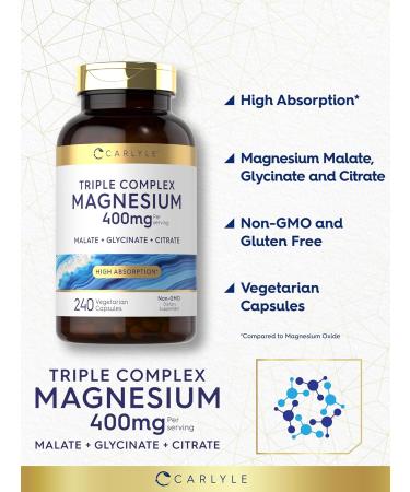 Carlyle Triple Magnesium Complex | 400 mg | 240 Capsules | Magnesium Malate Glycinate & Citrate | Vegetarian Non-GMO and Gluten Free Supplement - Buy Online on GoSupps.com