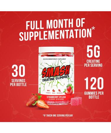 Creatine Monohydrate Gummies 5g Dose for Men & Women Made in USA Vegan & Gluten Free to Support Muscle Strength Recovery Cognitive Health & Memory Strawberry 120 Gummies Strawberry Splash 120ct - Buy Online on GoSupps.com