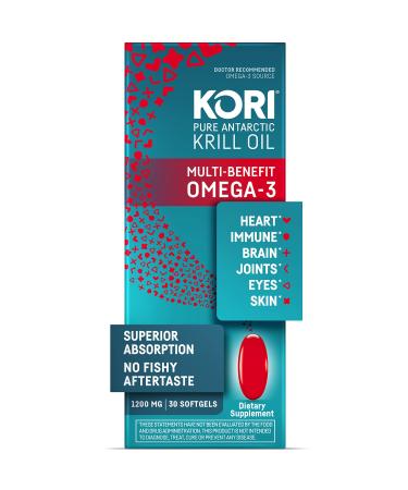 Kori Antarctic Krill Oil Omega-3 1200mg Max Strength 1 Softgel a Day for Heart Brain Joint Eye Skin & Immune  Superior Absorption vs. Fish Oil and No Fishy Burps 30 Count (Pack of 1)