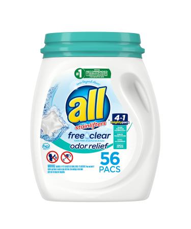 All Mighty Pacs Laundry Detergent Free Clear Odor Relief, Tub, 56 Count 56 Count (Pack of 1)