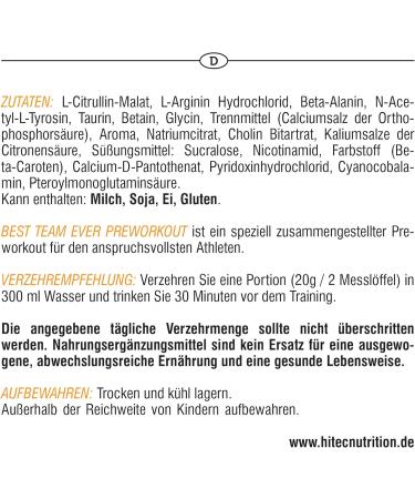 Hi Tec Nutrition Best Team Ever Preworkout Booster | 500g Caffeine-Free Instant Drink for Strength & Endurance Athletes - Orange Flavor - Buy Online on GoSupps.com