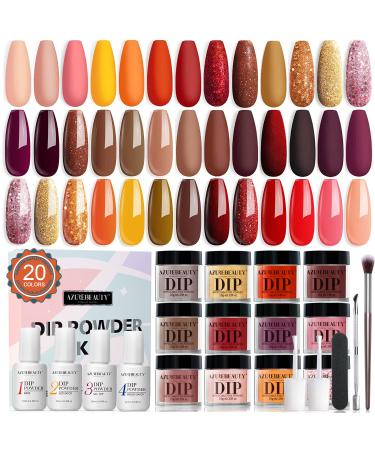 Dip Powder Nail Kit Starter, AZUREBEAUTY 20 Colors Sunset Glitter Red Nude Brown Dip Nail Kit Collection Liquid Set with Base/Top Coat for French Nail Art Manicure Beginner DIY Salon Gifts for Women