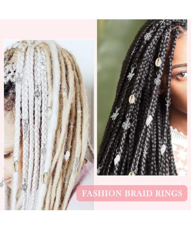 JIALEEY Hair Braid Rings Set - 50PCS Silver Rings with Shell, Leaves, Star, Conch, Snowflake Charms - Hair Loops Clips Headband Accessories - Buy Online on GoSupps.com