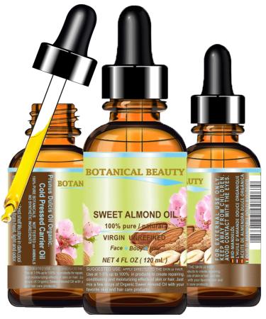 Botanical Beauty SWEET ALMOND OIL 100% Pure Natural Virgin Unrefined Undiluted Cold Pressed Carrier Oil for Face Skin Body Hair Massage Nails. 4 Fl. oz - 120 ml