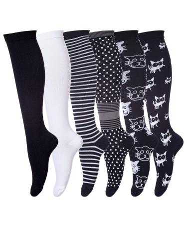 Compression Socks for Men & Women (6Pair) Non-Slip Long Tube Ideal for Running Nursing Circulation & Recovery Boost Stamina Hiking Travel & Flight Socks 20-30 mmHg S-M Black & White