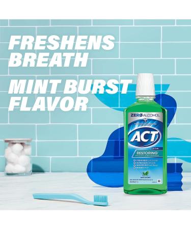 ACT Restoring Zero Alcohol Fluoride Mouthwash - 33.8 fl. oz - Strengthens Tooth Enamel - Mint Burst - Green - Pack of 1 - Buy Online on GoSupps.com