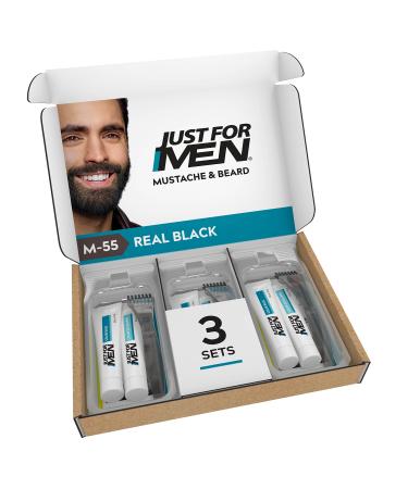 Just For Men Mustache & Beard, Beard Coloring for Gray Hair, With Biotin Aloe and Coconut Oil for Healthy Facial Hair - Real Black, M-55 (Pack of 3, EComm Friendly Packaging) 3 Count (Pack of 1) Pack of 3