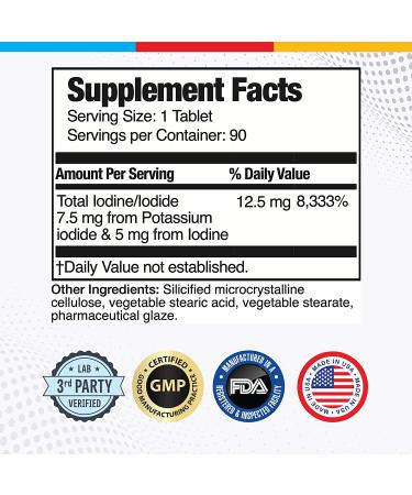 Ultra Iodine Complex Supplement for Thyroid & Brain Health - 12.5mg Iodine & Potassium Iodide - 90 Tablets - Buy Online on GoSupps.com