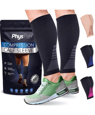Calf Compression Sleeves for Men and Women - (1 Pair) Footless Compression Socks Support for Varicose Veins Nursing Pregnancy Running - PhysFlex Leg Sleeve Brace for Shin Splints Pain Relief and Reduces Swelling (Black Medium) Black Medium