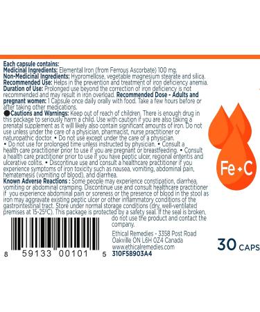 EBMfer 100mg Iron with Vitamin C - High Potency Vegan Capsules | Gentle on Stomach | 30 Count - Buy Online on GoSupps.com