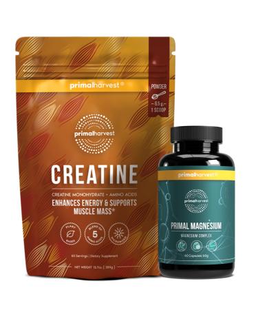 Primal Creatine Powder + Primal Magnesium Capsules Bundle | 2-Pack | Support Muscle Strength Recovery & Relaxation | 60 Servings