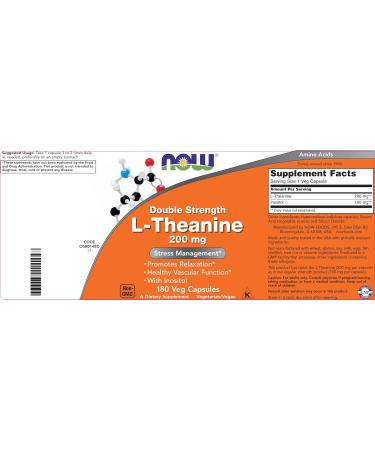 NOW Foods L-Theanine Double Strength 200 mg Per Cap - 180 Veg Capsules - Enhanced with 100mg Inositol - Vegetarian Non-GMO - Ltheanine 200mg Supplement - Buy Online on GoSupps.com