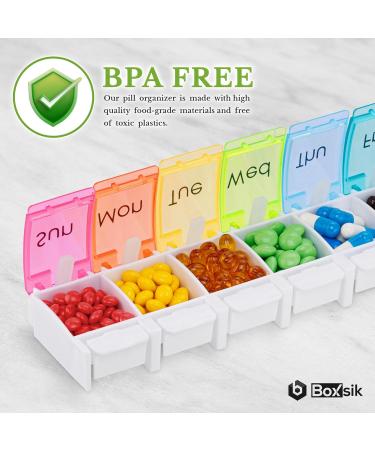 BoxSIK Weekly Pill Organizer - Premium 7 Compartment Tablet Box for Vitamins & Supplements - Travel Friendly Food-Grade Rainbow Colors - Buy Online on GoSupps.com