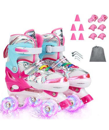 Rosyou Roller Skates for Girls Boys Kids, Roller Skates for Beginners Children Outdoor Indoor Adjustable 4 Sizes with Light Up Wheels, Sports Protective Gear, Toddler Roller Skating Shoes pink Medium-(13C-3Y US)