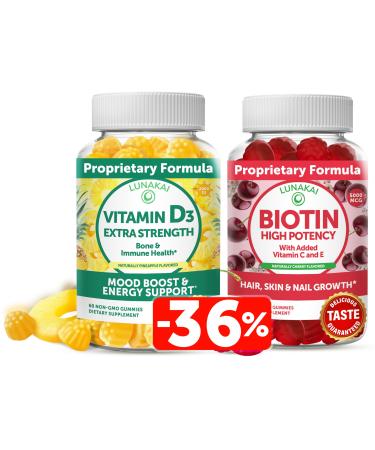 Lunakai Biotin and Vitamin D3 Gummies Bundle - Hair Skin and Nails Growth Gummies with Vitamin C and E - Immunity Bone and Mood Support Supplement - 30 Days Supply