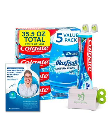 Toothpaste Max Fresh Mint Breath Strips Cool Mint- Five 7.3 oz Tubes for Total 36.5 oz. Fights Cavities Whitens Teeth + Extra: Toothpaste Squeezer Health Smile Guide L&S Two No-Mess Caps.