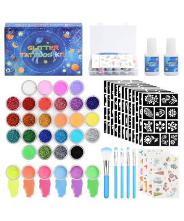 Temporary Glitter Tattoos Kit Stunning Fake Tattoo Kit with 26 Large Glitter Colors  6 Fluorescent Colors  134 Stencils and 2 Glue  Perfect Birthday Party Christmas Festival Gifts For Girls Teenage Woman