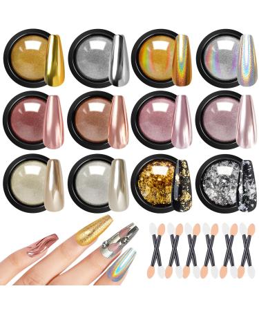Gold Silver Chrome Nail Powder 12 Colors Iridescent Holographic Unicorn Chrome Powder for Nails Metallic Mirror Effect Rose Gold Champagne Nail Chrome Powder Pigment Glitter Foils Flakes Nail Art