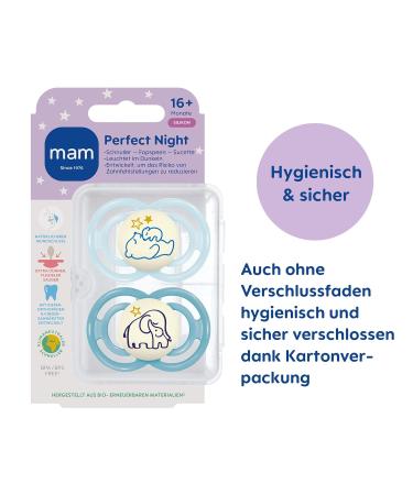 Mam Perfect Night Pacifiers - 2 Pack | Glow in the Dark Tooth-Friendly Eco-Friendly Baby Soothers for 16+ Months (Bear/Elephant) with Pacifier Box - Buy Online on GoSupps.com