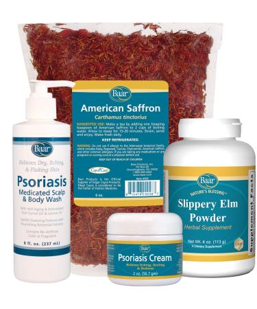 Psoriasis Care Kit - Includes American Saffron Tea Slippery Elm Bark Powder Psoriasis Scalp and Body Wash and Psoriasis Cream. 4 Items Recommended in the book "Healing Psoriasis" by Dr. John Pagano