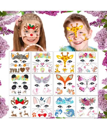 Animal Face Tattoos Stickers for Kids Temporary Fake Paint Tattoos 12 Sheets  Water Transfer Birthday Party Supplies Festival Favors Makeup Skin Decor for Girl Boy