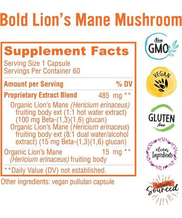 Bold Botanica Lion's Mane Mushroom Capsules - Organic Extract for Brain Health, Memory & Immune Support - 60 Vegan Capsules - Buy Online on GoSupps.com