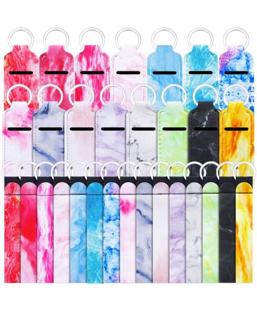 30 Pieces Marble Chapstick Holder Keychain Chapstick Sleeve Pouch Lipstick Holder Keychains Lip Balm Keyring Holder Key Chain Lanyard Wristlet with Ring for Women Travel Accessories