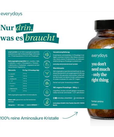 Everydays Smart Protein Tablets - 100% Pure Amino Acids Complex | Vegan Protein Alternative | High-Dose | Made in Germany | 180 Tablets - Buy Online on GoSupps.com