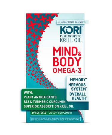 Kori Mind & Body Supplement for Memory & Attention, Nervous System, Healthy Energy, Brain, Eye & Overall Health| Clinically Tested Krill Oil Omega-3s, Lutein, Zeaxanthin Plus B12 & Turmeric Curcumin 60 Count (Pack of 1)