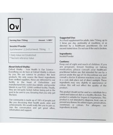 Oxford Vitality Inositol Powder 500g - Myo-Inositol Supplement for Weight Management & Neurological Support - Buy Online on GoSupps.com