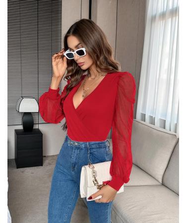 Fayenne Womens Tops Deep V Neck Cross Wrap Sexy Tops Polka Dot Mesh Long Sleeve T Shirt Casual Blouses XL Red - Buy Online on GoSupps.com