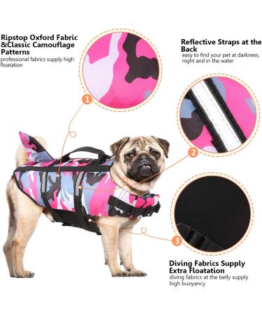 Cit toile Camouflage Dog Life Jacket - Pink Swimming Vest for Small Medium & Large Dogs - Reflective Handle for Safety in Sea Lake & River - Buy Online on GoSupps.com